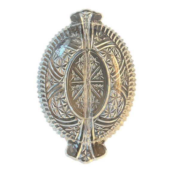 Clear Cut Glass Divided Relish Dish With Handles For Candy, Nuts Serving - Picture 2 of 6